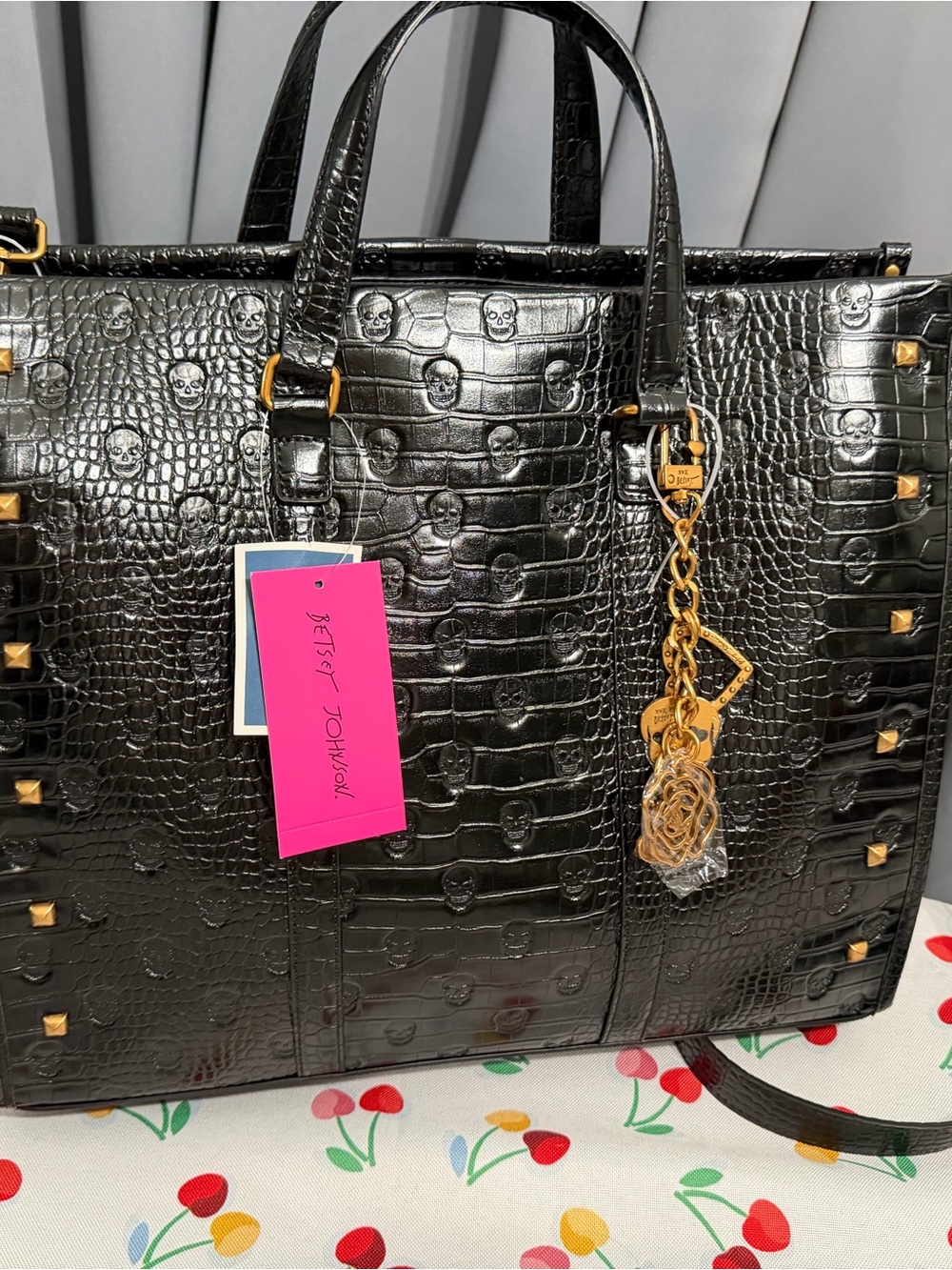 Betsey Johnson Black Croc-Embossed Tote with Gold Studs & Charm